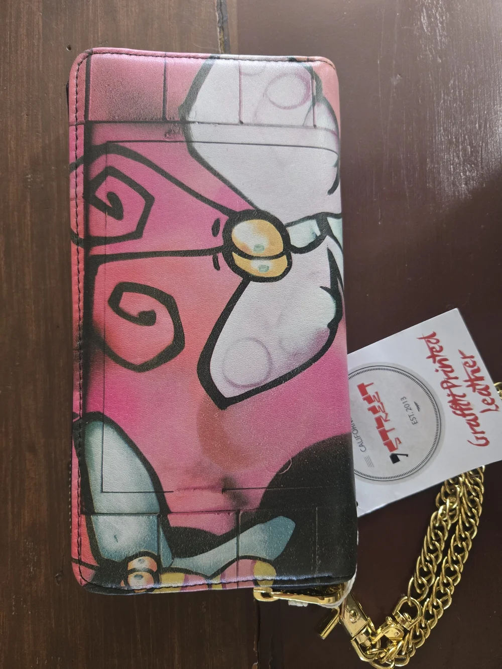 Pink Floral Graphic Wallet Phone Case with Gold Chain Strap